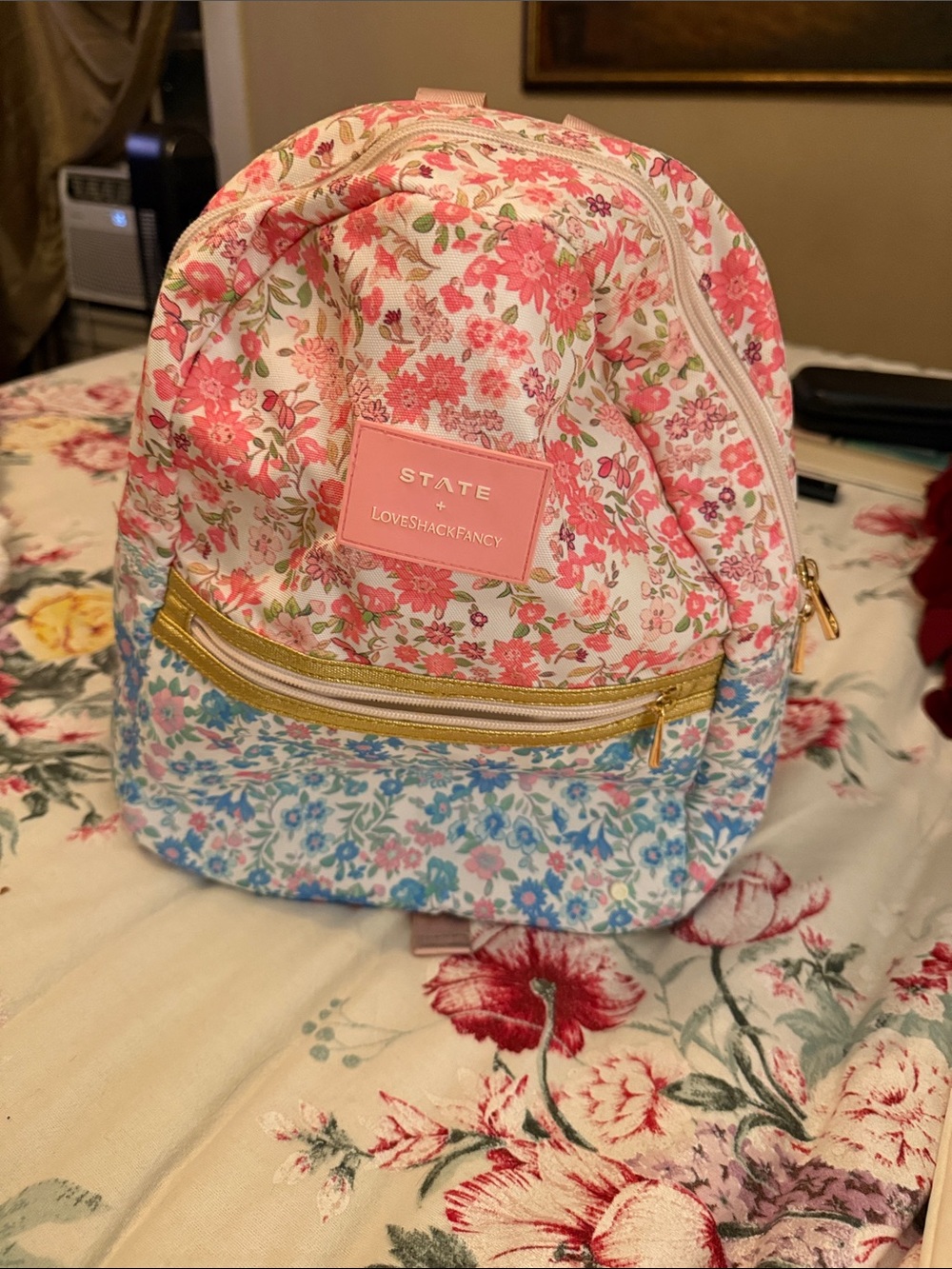 Loveshack Fancy / STATE Floral Pink & Blue Mini Backpack with Gold Accents